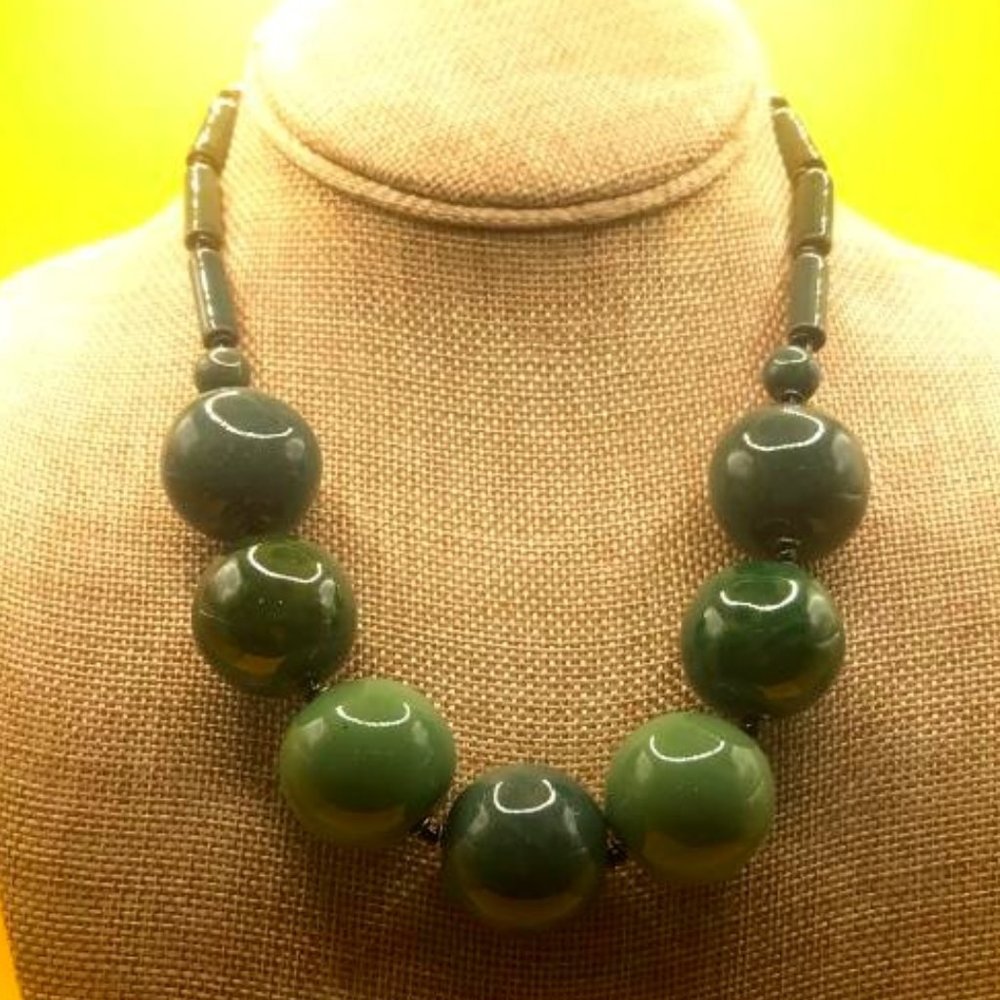 Kazuri Large Green Ceramic Beads Statement Neckla… - image 1